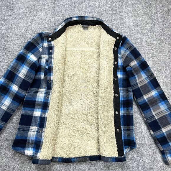 Eddie Bauer Sherpa Lined Flannel Jacket Boys 10-12 Snap Front Blue Plaid Shacket - Picture 4 of 12